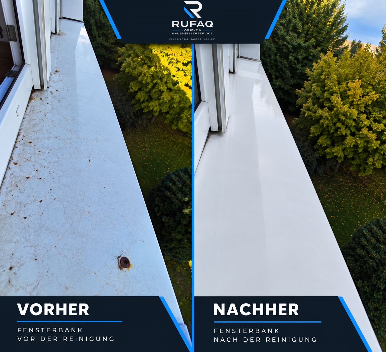 Fensterbank vor und nach der Reinigung.