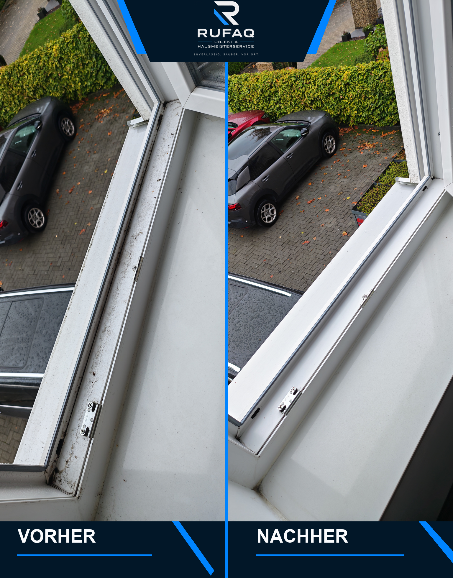 Fensterfalz vor und nach der Reinigung.
