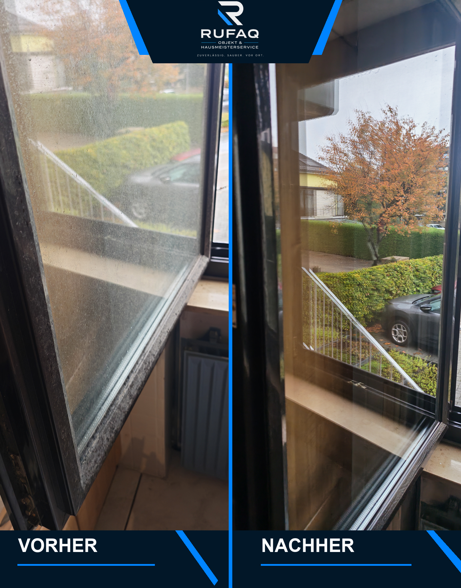 Vorher-nachher-Aufnahme eines Fensters vor und nach der Glasreinigung.
